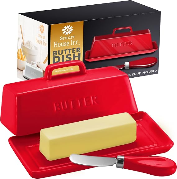 Ceramic Butter Dish Set with Lid and Knife - [Red]- Decorative Butter Stick Holder with Handle for 1 Stick of Butter - Microwave Safe, Dishwasher Safe - Anti-Scratch Stickers Included.