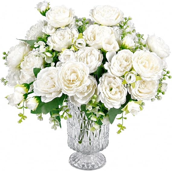 2 Bunches Peony Artificial Flowers White Silk Peony fake flowers bouquets for wedding party table centerpieces floral arrangement home kitchen décor