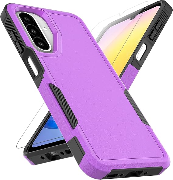 Samsung Galaxy A17ケース用:デュアルレイヤー保護高耐久携帯電話カバー耐衝撃頑丈HDスクリーンプロテクター付き-ミリタリー保護バンパータフSamsung Galaxy A17 5G 2026用、パープル