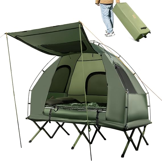 Goplus Camping Tent Cot, 5-in-1 Folding Camping Bed with Air Mattress, Pillow, Sleeping Bag, Waterproof Elevated Tent Shelter, Portable Outdoor Sleeping Cot with Carry Bag for Picnic, Trip