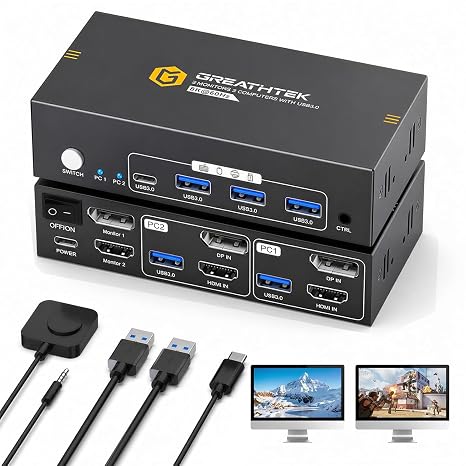 HDMI+Displayport KVM Switch 2 Monitors 2 Computers 8K@60HZ Dual Monitors KVM Switcher for 2 PC/Laptops Share Mouse Keyboard and 2 Screens,with USB3.0