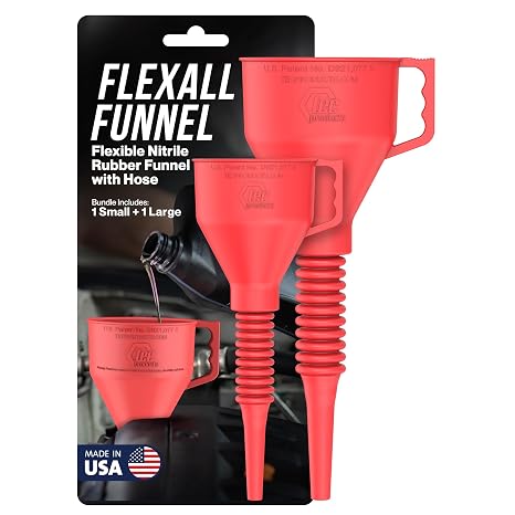 FlexAll Funnel Bundle - Long Flexible Funnels with Hose for Automotive Use - Nitrile Rubber Funnels with Handle for Oil Change and Transmission Fluid - Gas, Diesel, Oil - Red (Small + Large)
