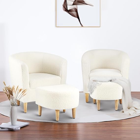 DAZONE Sherpa Accent Chairs Set of 2 White Teddy Barrel Chair with Ottoman