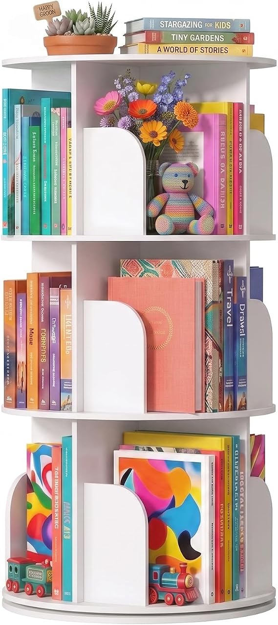 3 Tier Rotating Bookshelf Tower, Round Spinning Bookshelf