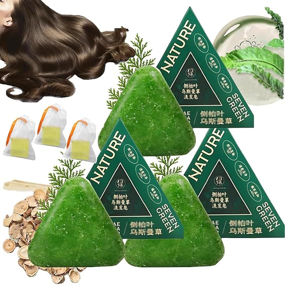 Nature Triangle Shampoo Bar, Nature Seven Green Soap Shampoo,Grass Shampoo Bar,Ginseng & Polygonum for Thickening & Darkening Hair,Calming & Strengthens Hair for Women and Mens (3 Pcs)