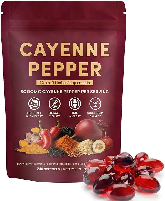 Cayenne Pepper 3000mg, 12-in-1 Herbal Supplement with D3, K2, Turmeric, Ginger, 240 Softgels, Gluten Free, Non-GMO for Digestive & Gut Support, Energy & Bone Health