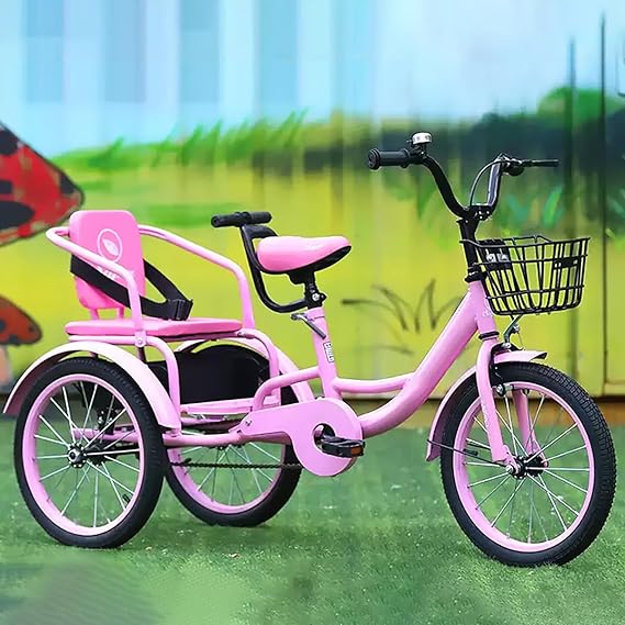 Pink,16 inches,Cruise Bike Trike for Kids,Tandem Double Seat Tricycle with Reinforced Carbon Steel Rear Basket & Storage Space Ergonomic Design & Comfortable Soft Seat for Travel & Shopping