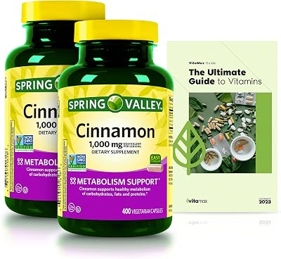 Spring Valley Cinnamon Dietary Support Vegetarian Capsules, 1,000 mg, 400 Count, 1 Year Supply Pack of 2  Exclusive VitaMax Vitamin Guide 2 Items