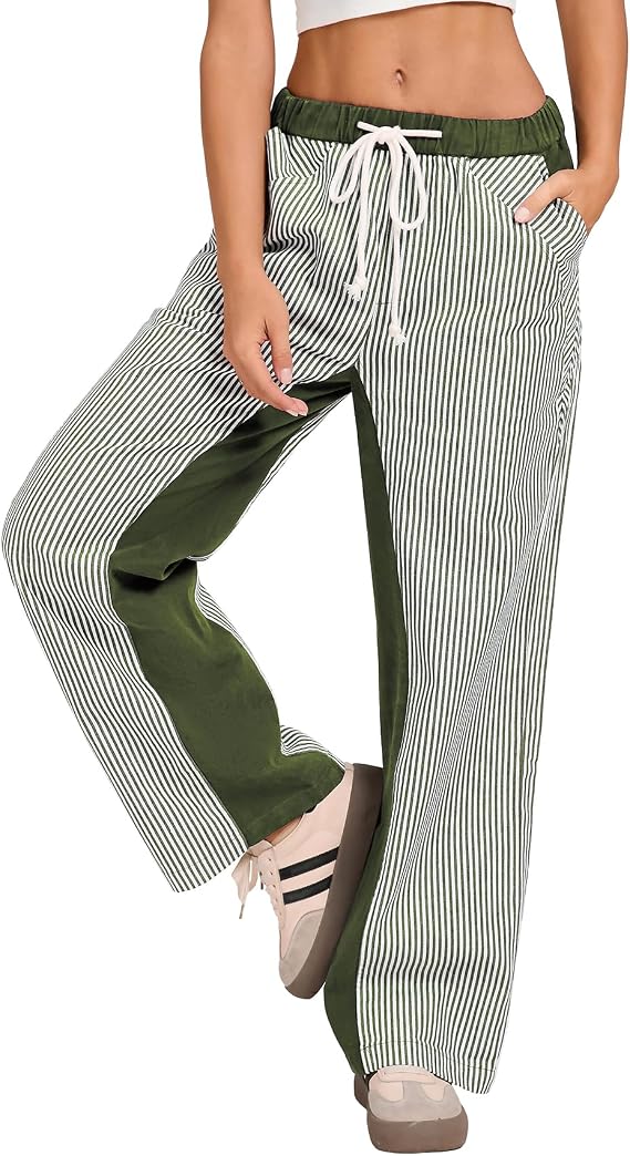 Kedera Women Stripe Straight Pants Pull On Drawstring Loose Baggy Pants Low Rise Boyfriend Boho Trousers 2025