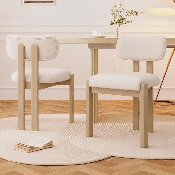 ModernLuxe Dining Chairs Set of 2, Solid Wood Kitchen Chairs with Soft and Breathable Bouclé Upholstery, Ergonomic Seat and Backrest, Classic Design for Home, Restaurant or Café, Natural Colour