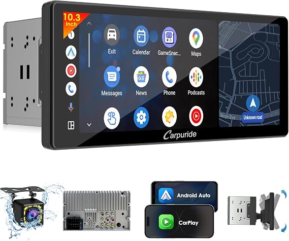 Carpuride 10.3" Double Din Car Stereo with Wireless CarPlay & Android Auto | Car Radio Detachable Floating Touchscreen Car Audio Receivers with Bluetooth EQ Subwoofer Backup Camera, Mirror Link, SWC