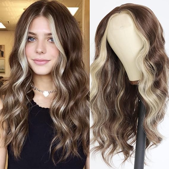 Highlights Long Wavy Wig Loose Curly Synthetic Replacement Hair Wigs Dark Brown Middle Part Blonde Synthetic Wig Natural Hairline for Fashion Women