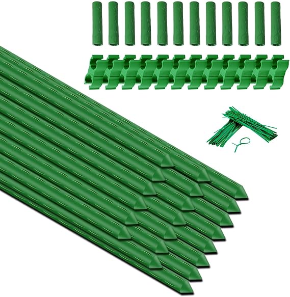 Sturdy Garden Stakes 18 Inch SupKing DIY 3/4/5/6/7ft Tomato Support Stake Green Plastic Coated Metal Tall Plant Stick Poles Plants Trellis for Indoor Outdoor Climbing Cucumber Chili Eggplant-20 Packs