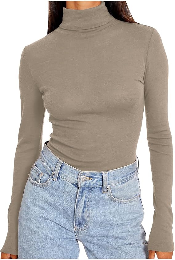 Womens Long Sleeve Turtleneck Tops Trendy Plus Size Slim Fitted Basic T Shirts Casual Comfy Fall Winter Layer Blouses