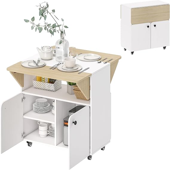HOMCOM Folding Dining Table, Rolling Drop Leaf Table, Hidden Cabinet, White