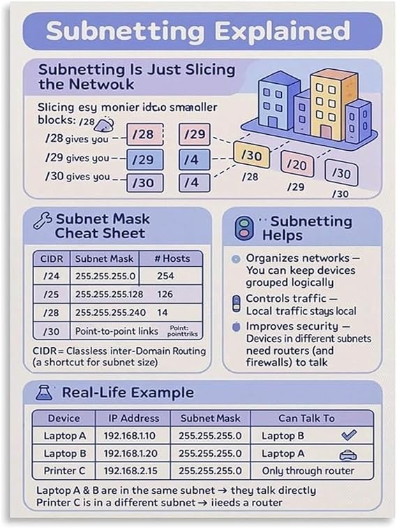 KCDFDVJFBM Data Center Networking Poster CIDR Subnetting Reference IP Addressing Cheat Sheet Network Engineer Office Wall-Art