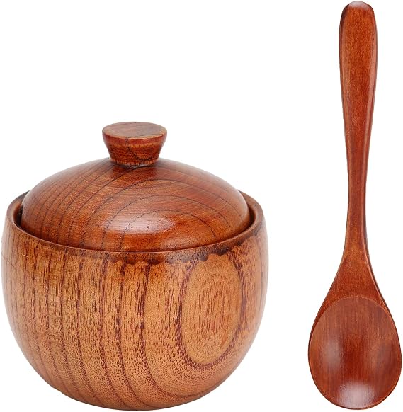 HERCHR Wood Salt Cellar with Lid and Spoon, Wood Salt Container Box Small Spice Containers for Storing Seasonings, 3.5x2.4 Inches