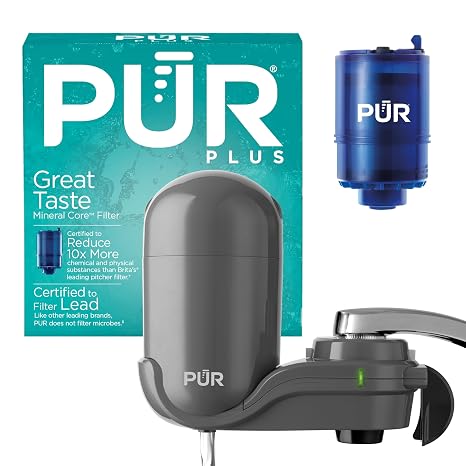 PUR Plus Vertical Faucet Mount Water Filtration System, Lead-Reducing Water Filter for Sink Faucet, Easy Install, 100 Gallons, Compatible with Sinks with External Aerators, Grey, Pack of 6