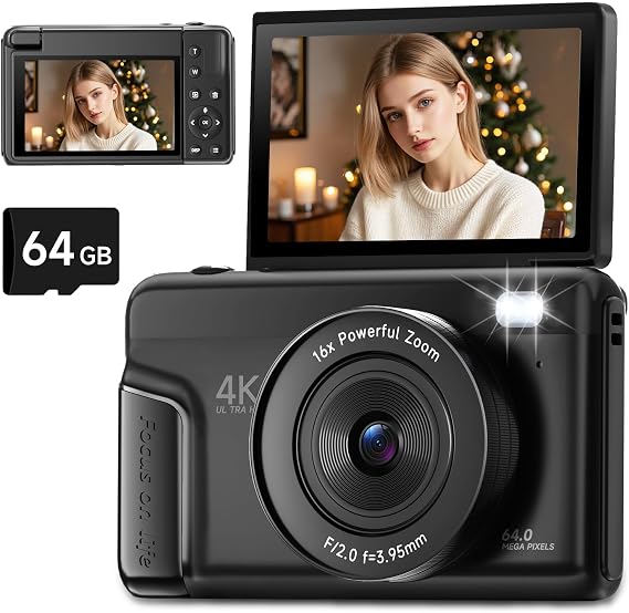 4K Digital Camera Photography Auto Focus 64MP Vlog Camera for YouTube 3" 180° Flip Screen 16x Zoom Compact Travel Point Shooting Camera for Beginners with Flash 64GB Card Black