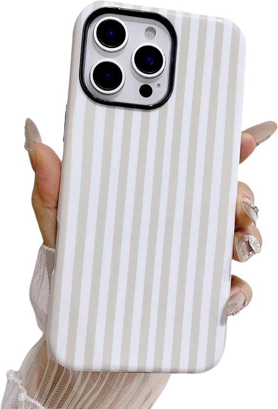 ストライプ携帯電話ケース iPhone 15 Pro用 アンティークホワイト かわいい 美的 縦縞 クラシック シンプル ケース 女性用 ガーリー 耐衝撃 スリム TPU ハードPC 保護カバー
