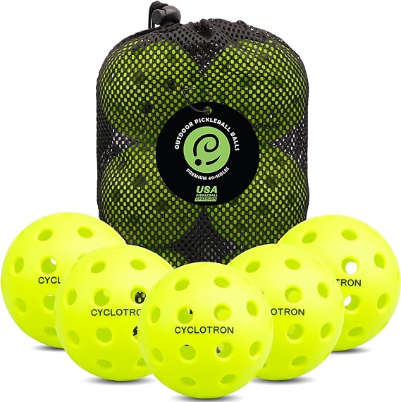 cyclotron 6-Pack Pickleball Balls - USAPA Approved, 40-Hole Outdoor & Indoor Pickleballs with Mesh Bag, High-Visibility Durable Balls for Practice