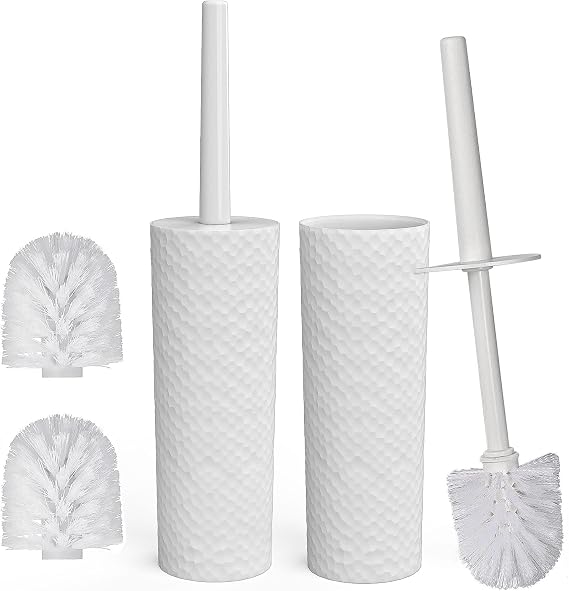 Topsky Toilet Brush & Holder Set, 2 Pack Plastic Round Barrel Loo Brush with 2 Replacement Heads, Durable for Bathroom, White