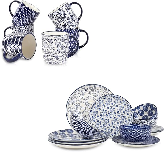 Selamica Ceramic 10 oz Coffee Mugs Set + Dinnerware Sets 12-Pieces, Vintage Blue