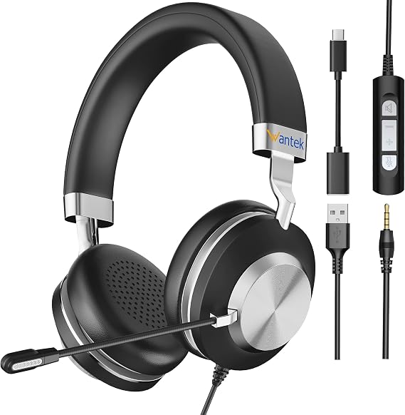Wantek USB Headset with Microphone for PC Laptop, Noise Cancelling Business Office Headsets For Call Center Working Team Meeting Online Conference