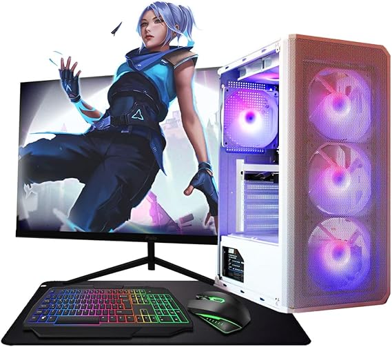 ASC Intel Core i7 Gaming PC Bundle, GT730 2GB Graphics, 16GB RAM, 128GB SSD + 500GB HDD, 500W 80+ PSU, White 6 Fan RGB Case, WiFi, Windows 11, 22" Monitor Bundle