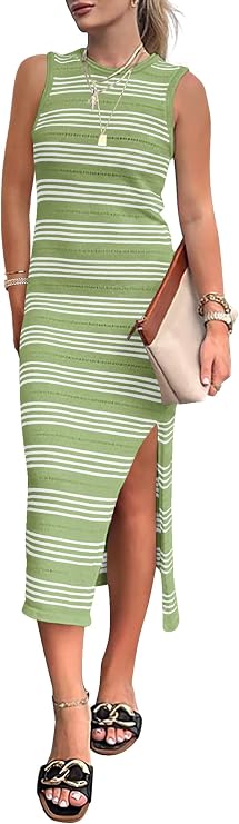 PRETTYGARDEN Women's Summer Sleeveless Striped Midi Dresses | Soft Stretchy Hollow Out Knit, Slim Fit Side Slit, Crewneck Tank Sundress Casual, Beach Vacation Outfits, Date Party Dress