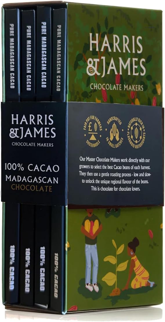 Harris & James 100% Cacao Chocolate Bars. Made From Madagascan Cacao, Naturally Rich In Flavonoids & Antioxidants. Bean To Bar Chocolate Suitable For Vegans.