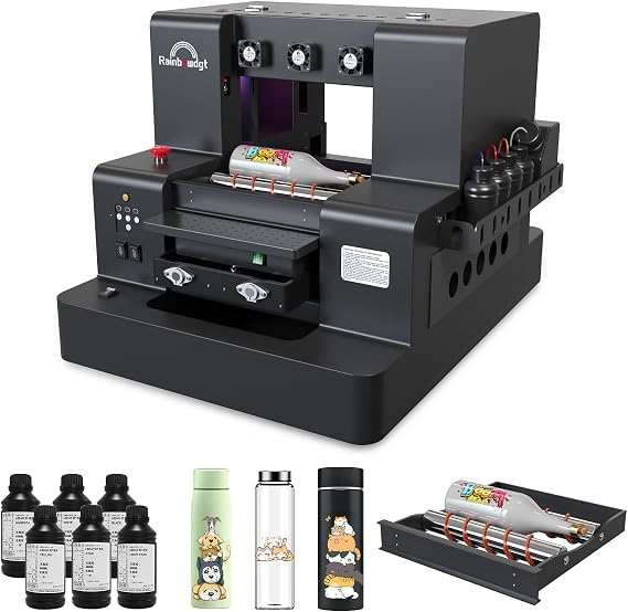 RAINBOWDGT A3 UV Printer Machine,5760x2880 DPI,Bottle Holder & Stickers