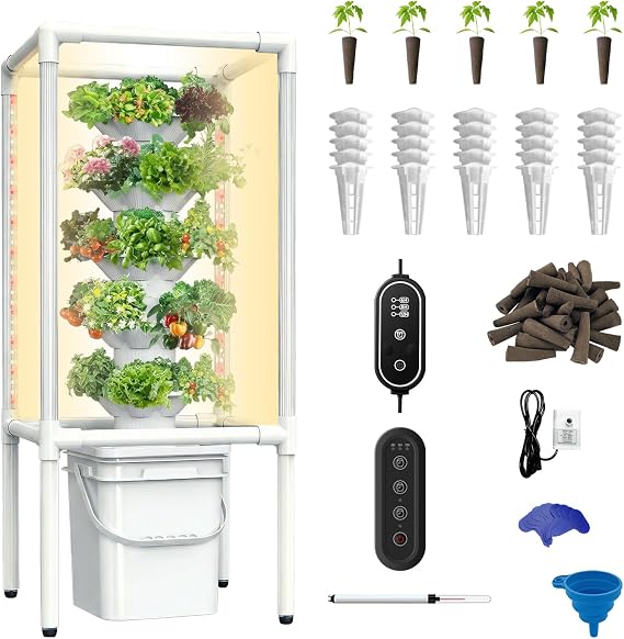 SJZX Hydroponics Growing System, Hydroponic Tower with Full-Spectrum Grow Lights, 5/14Tiers Indoor Outdoor Garden Planter, Vertical Home Gardening Germination Kits for Vegetables, Fruits, Herb (5L6H)