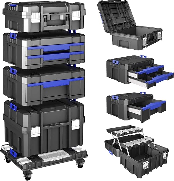 AIRAJ 4 Tier Stackable Rolling Tool Box with Wheels, 18 Tool Box Organizer