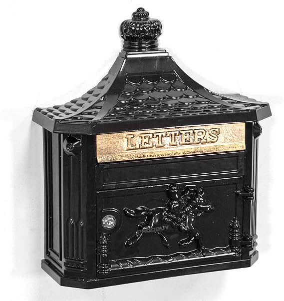 Black Wall Mounted Letter Post Box Outdoor Garden Locking Vintage Style Store