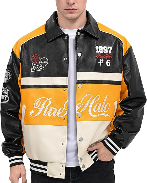 Men's Racing Jacket Faux Leather Racer Motorcycle Biker Jacket in Motocross Style