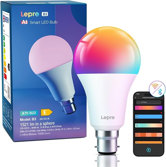 Lepro B22 AI Smart Bulb, 1520lm Dimmable WiFi LED Light Bulb, 12W=100W [Energy Class E]
