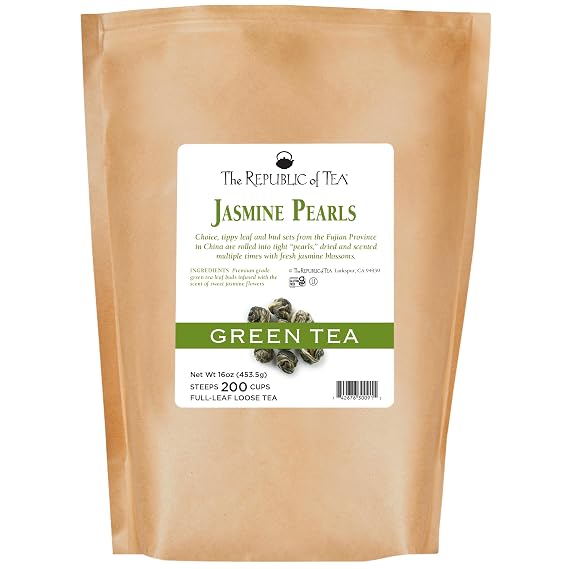 The Republic of Tea Jasmine Pearls Full-Leaf Loose Green Tea | 1 Pound Bulk Bag | Steeps 200 Cups