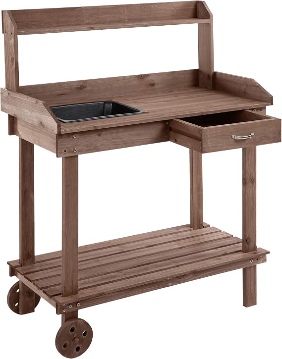 Wooden Potting Bench Work Table with Sink, Drawer & Large Storage Spaces, 2 Removable Wheels,Brown