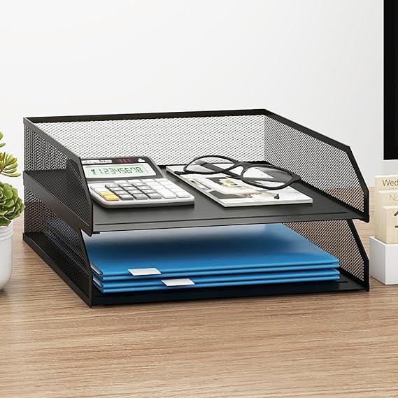 Natwind 2-Tier Stackable Metal Mesh Paper Organizer with Sliding Tray,Black