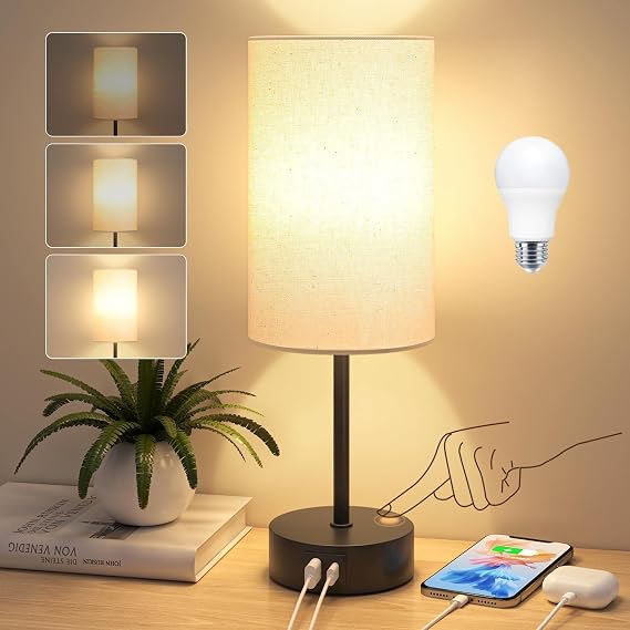 Bedside Lamps, Touch Table Lamp for Living Room Bedroom Dimmable | Bed Side Lamp with USB Charging Port, Small Bedside Light for Kids Room, Study, Dorm,Office(Bulb Included,Beige Fabric Shade) [Energy Class E]
