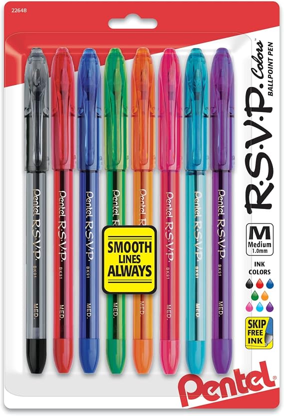 Pentel R.S.V.P. Ballpoint Pens, Medium Point, 1.0 mm, Clear Barrel, Assorted Ink Colors, Pack of 8