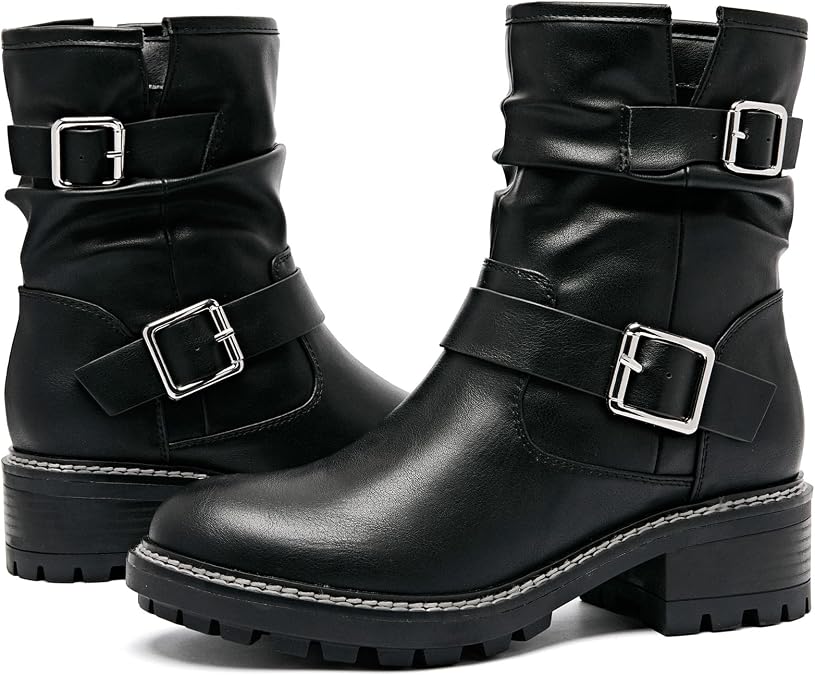 Ruiee Ankle Boots for Women Combat Boots Low Heel Short Booties Round Toe Side Zipper Womens Boots.