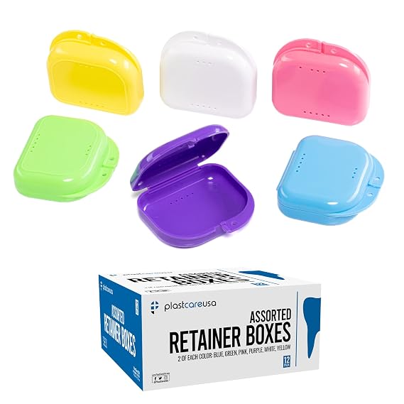 PlastCare USA Assorted Retainer Case Box of 12 Individually Sealed, Dental Storage Container for Aligners, Mouth Guards - Yellow, White, Pink, Green, Purple, Blue