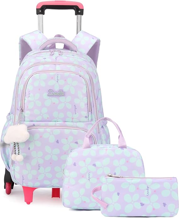 Bansusu 3Pcs Kids Rolling Backpack for Girls with Lunch Bag, Lucky Leaf School Bag Girls Roller Backpack with 6 Wheels, Purple