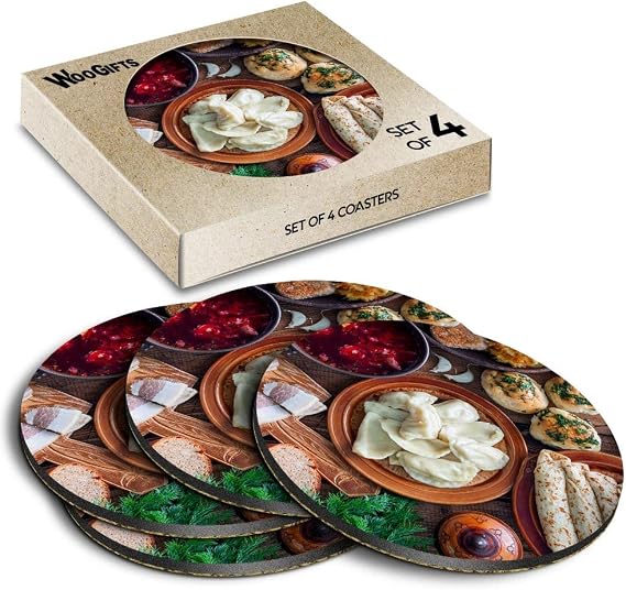 4 x Round Coasters - Traditional Ukrainian Food Ukraine Cork Backed MDF Glossy Tea Coffee Accessory #52286