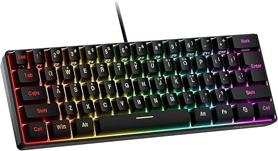 Snpurdiri 60% Wired Gaming Keyboard, RGB Backlit Ultra-Compact Water-Resistant Mini Keyboard, 61 Keys, for PC/Mac Gamers, Typists, Travel, Easy to Carry on Business Trips, Black (QWERTY Layout)
