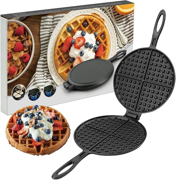 DVK 8 Inch Cast Iron Waffle Maker, Non-Electric Manual Waffle Iron for Gas Stovetops and Open Fire, Pre Seasoned Space Saving Breakfast Cookware for Camping RV Travel and Home Kitchen