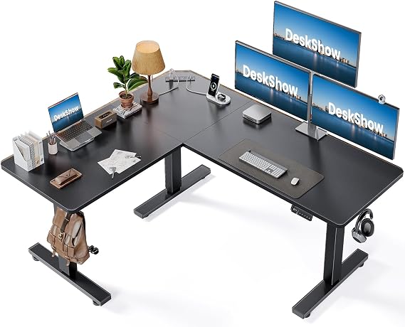 63x55 L-Shaped Electric Standing Desk with Charging Station