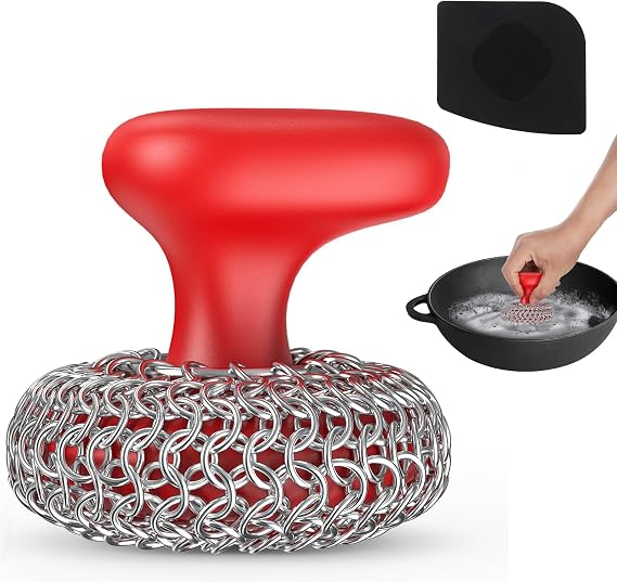 Cast Iron Scrubber Dish Scrub Brush 316 Chainmail Scrubber for Cast Iron | Dish Scouring Pad, Dishwasher Safe, Chain Mail Scrubber Cast Iron, Cleaning Kit, for Pan Skillet, Red